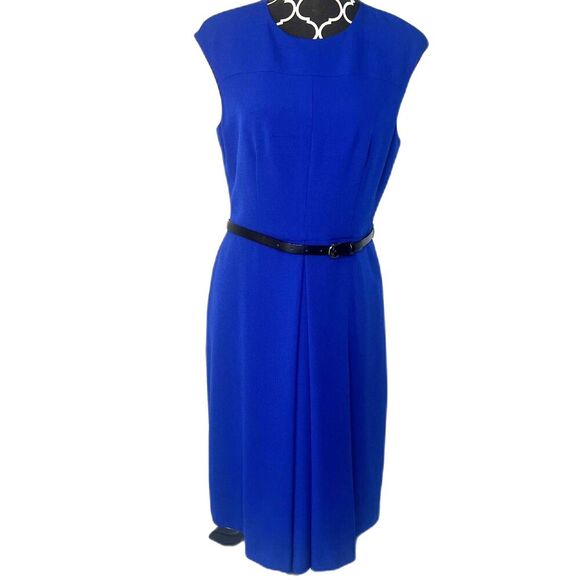 Kasper Bold Blue Sleeveless Belted Sheath Dress Career Professional Size 10P - Picture 1 of 11